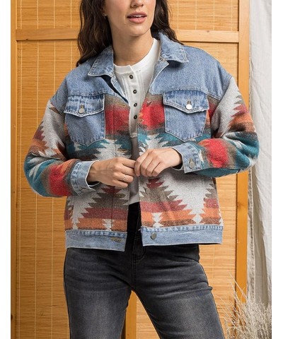 Aztec Denim Jacket for Women Oversized Button Down Distressed Denim Jean Shirt Shacket Jacket 02 Dark Blue $19.68 Jackets