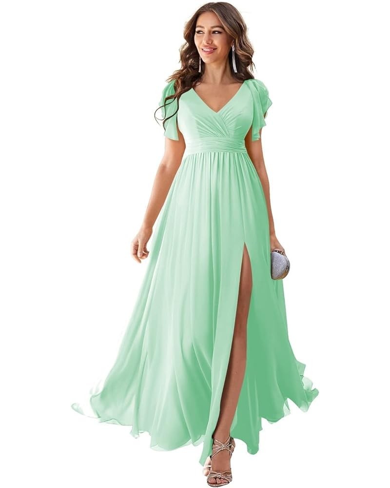 Ruffles Sleeves Bridesmaid Dresses for Women Long Chiffon Prom Evening Gowns with Pockets LB70 Mint $31.89 Dresses