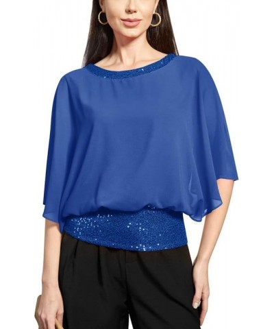 Women's Summer Chiffon Shirt Sparkle Sequin Crewneck Dolman Sleeve Double-Layered Blouses Blue $11.75 T-Shirts