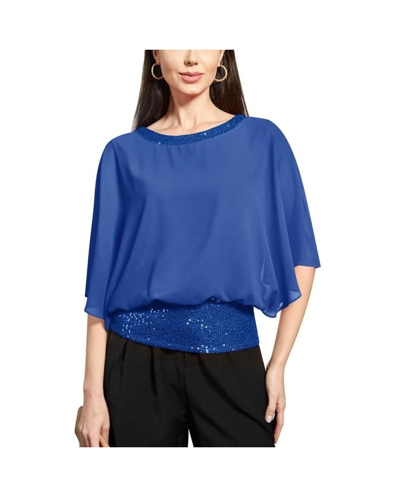 Women's Summer Chiffon Shirt Sparkle Sequin Crewneck Dolman Sleeve Double-Layered Blouses Blue $11.75 T-Shirts