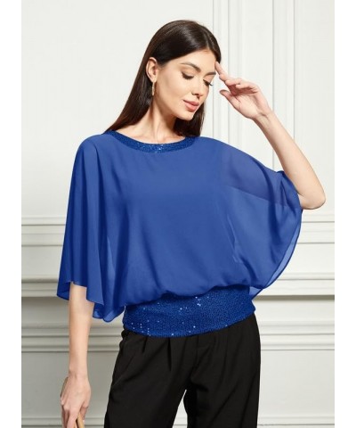 Women's Summer Chiffon Shirt Sparkle Sequin Crewneck Dolman Sleeve Double-Layered Blouses Blue $11.75 T-Shirts