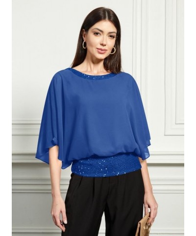 Women's Summer Chiffon Shirt Sparkle Sequin Crewneck Dolman Sleeve Double-Layered Blouses Blue $11.75 T-Shirts