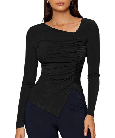 Women's Asymmetrical Split Hem T Shirt Long Sleeve Rib Knit Ruched Side Tee Tops V-neck Black $7.64 T-Shirts