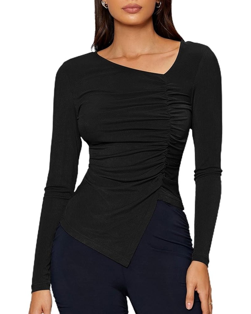 Women's Asymmetrical Split Hem T Shirt Long Sleeve Rib Knit Ruched Side Tee Tops V-neck Black $7.64 T-Shirts