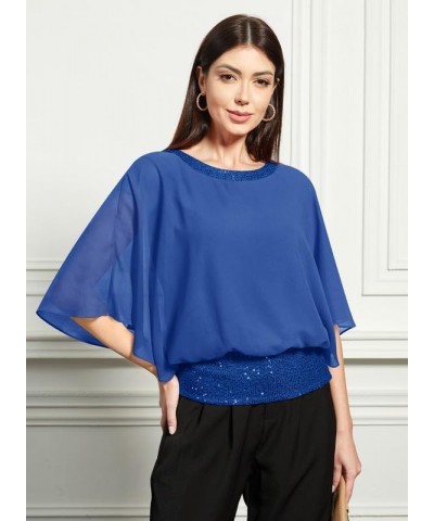 Women's Summer Chiffon Shirt Sparkle Sequin Crewneck Dolman Sleeve Double-Layered Blouses Blue $11.75 T-Shirts