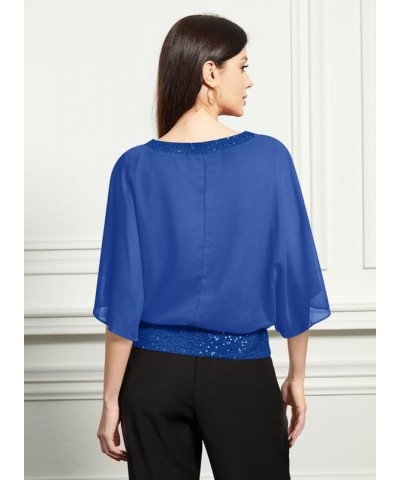 Women's Summer Chiffon Shirt Sparkle Sequin Crewneck Dolman Sleeve Double-Layered Blouses Blue $11.75 T-Shirts