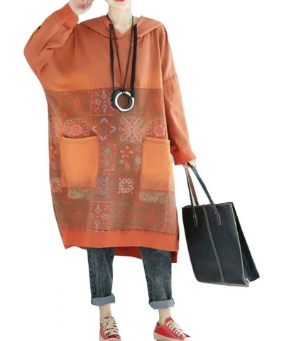 FTCayanz Women's Oversized Sweatshirt Dress Hoodies Pullover Ethnic Printed Fall Dresses with Pockets Orange $23.95 Dresses