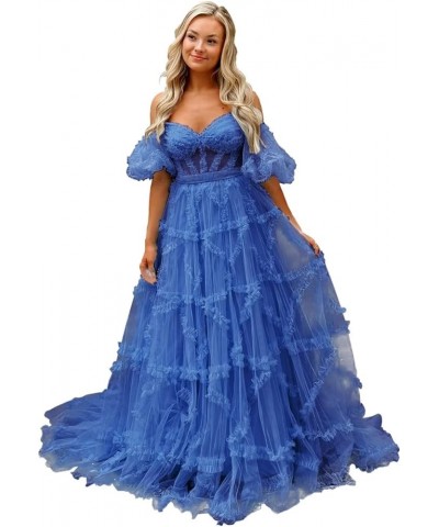 Off Shoulder Prom Dresse Long Ball Gown with Puffy Sleeves for Teens Girls Tulle Ruched Fromal Evening Gowns Blue $38.72 Dresses