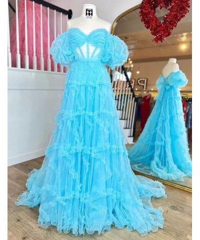 Off Shoulder Prom Dresse Long Ball Gown with Puffy Sleeves for Teens Girls Tulle Ruched Fromal Evening Gowns Blue $38.72 Dresses