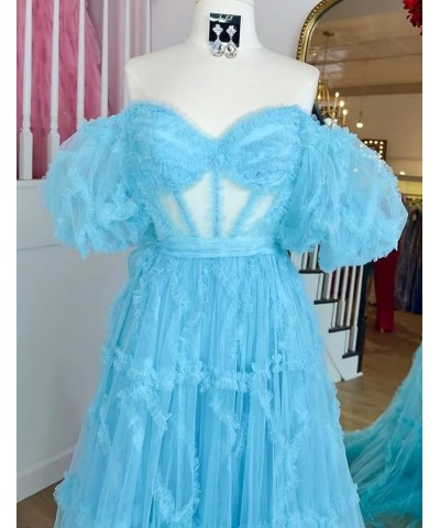 Off Shoulder Prom Dresse Long Ball Gown with Puffy Sleeves for Teens Girls Tulle Ruched Fromal Evening Gowns Blue $38.72 Dresses