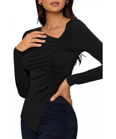 Women's Asymmetrical Split Hem T Shirt Long Sleeve Rib Knit Ruched Side Tee Tops V-neck Black $7.64 T-Shirts