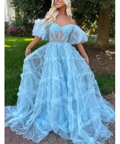 Off Shoulder Prom Dresse Long Ball Gown with Puffy Sleeves for Teens Girls Tulle Ruched Fromal Evening Gowns Blue $38.72 Dresses