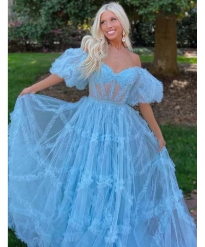 Off Shoulder Prom Dresse Long Ball Gown with Puffy Sleeves for Teens Girls Tulle Ruched Fromal Evening Gowns Blue $38.72 Dresses