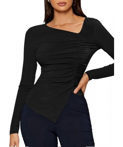 Women's Asymmetrical Split Hem T Shirt Long Sleeve Rib Knit Ruched Side Tee Tops V-neck Black $7.64 T-Shirts