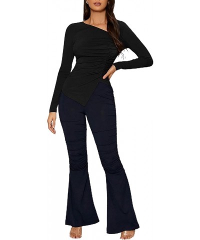 Women's Asymmetrical Split Hem T Shirt Long Sleeve Rib Knit Ruched Side Tee Tops V-neck Black $7.64 T-Shirts