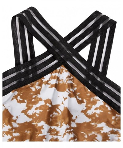 Women's Tie Dye Criss Cross Shorts One Piece Swimsuit Mesh Insert Bathing Suit Brown $15.99 Swimsuits