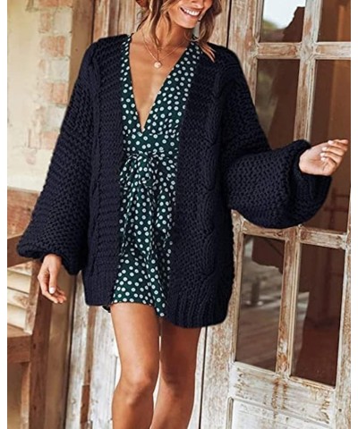 Women's Cable Open Front Chunky Knit Cardigan Lantern Sleeve Oversize Cardigans Outwear Knit Coats Black $22.22 Sweaters