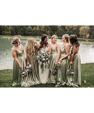 V Neck Bridesmaid Dresses Satin Long with Slit A-line Prom Dresses for Women Evening Party Gowns Teal Green $25.85 Dresses