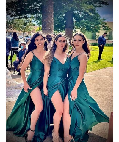 V Neck Bridesmaid Dresses Satin Long with Slit A-line Prom Dresses for Women Evening Party Gowns Teal Green $25.85 Dresses