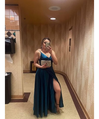 V Neck Bridesmaid Dresses Satin Long with Slit A-line Prom Dresses for Women Evening Party Gowns Teal Green $25.85 Dresses