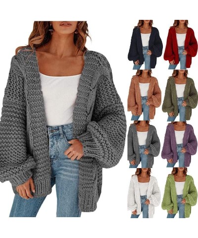 Women's Cable Open Front Chunky Knit Cardigan Lantern Sleeve Oversize Cardigans Outwear Knit Coats Black $22.22 Sweaters