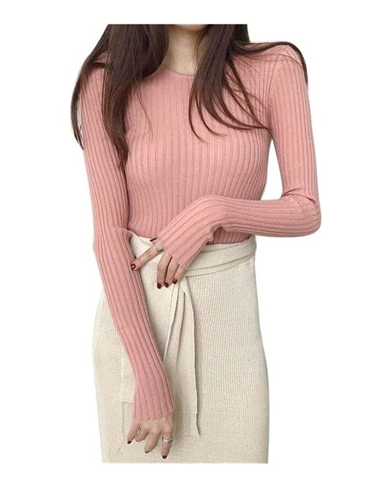 Basic Knitted Sweater Women Autumn Winter Bottoming Sweaters Pullover Lady O-Neck Slim Jumper Warm (Color : Pink, Size : One ...