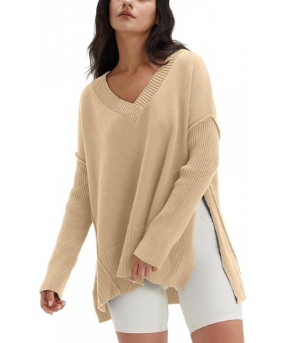 Women's V Neck Oversized Sweaters Long Batwing Sleeve Split Hem Pullover Asymmetric Loose Casual Knit Tops Apricot $25.64 Swe...