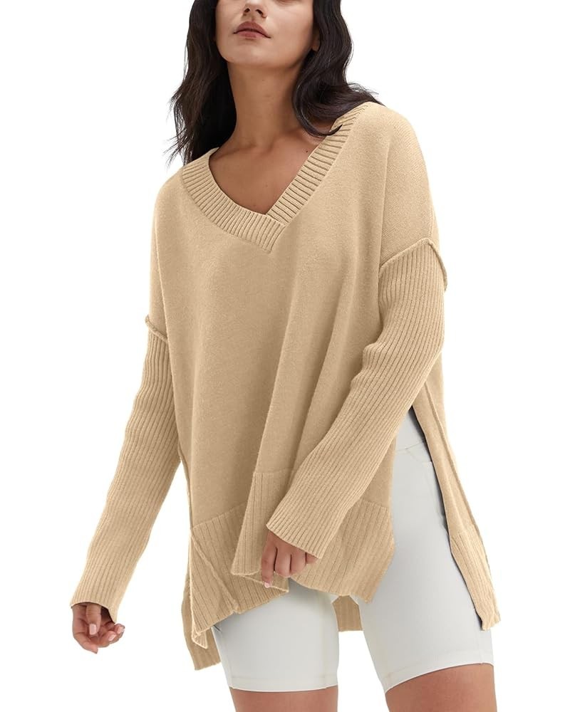 Women's V Neck Oversized Sweaters Long Batwing Sleeve Split Hem Pullover Asymmetric Loose Casual Knit Tops Apricot $25.64 Swe...