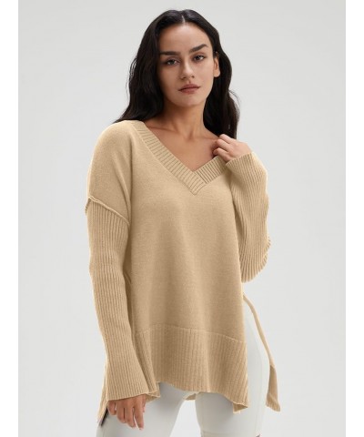 Women's V Neck Oversized Sweaters Long Batwing Sleeve Split Hem Pullover Asymmetric Loose Casual Knit Tops Apricot $25.64 Swe...