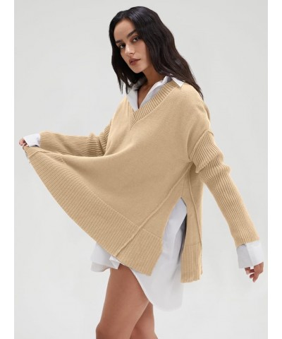 Women's V Neck Oversized Sweaters Long Batwing Sleeve Split Hem Pullover Asymmetric Loose Casual Knit Tops Apricot $25.64 Swe...