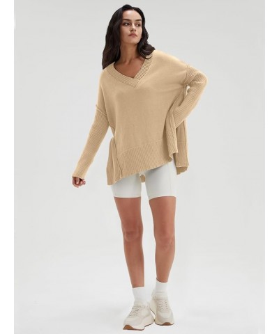 Women's V Neck Oversized Sweaters Long Batwing Sleeve Split Hem Pullover Asymmetric Loose Casual Knit Tops Apricot $25.64 Swe...