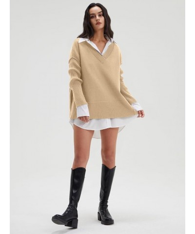 Women's V Neck Oversized Sweaters Long Batwing Sleeve Split Hem Pullover Asymmetric Loose Casual Knit Tops Apricot $25.64 Swe...