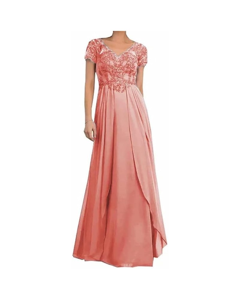 Mother of The Bride Dresses Lace V Neck Wedding Guest Dresses for Women Ruffles Long Chiffon Mother of The Bride Dress Coral ...