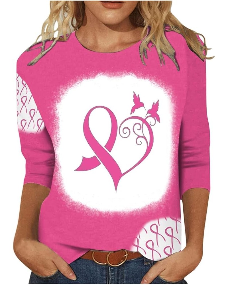 Breast Cancer Awareness Shirts for Women Fashion Color Ribbon Print Pullover Blouses 3/4 Sleeve Causal Tee Tshirt 05 Pink-e $...