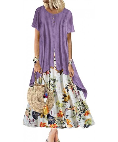 Women Summer Flowy Boho Floral Printed Maxi Dress Casual Linen Short Sleeve Long Dress with Pockets Purple $15.05 Dresses