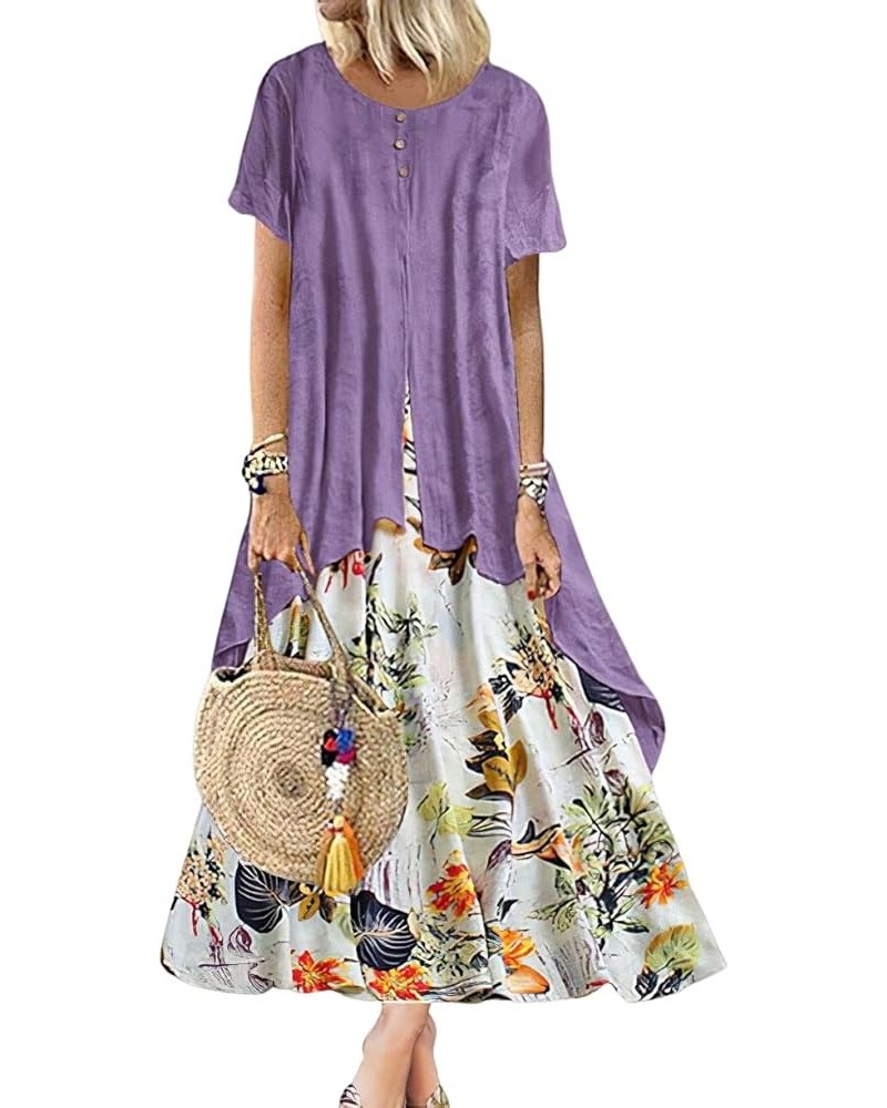 Women Summer Flowy Boho Floral Printed Maxi Dress Casual Linen Short Sleeve Long Dress with Pockets Purple $15.05 Dresses