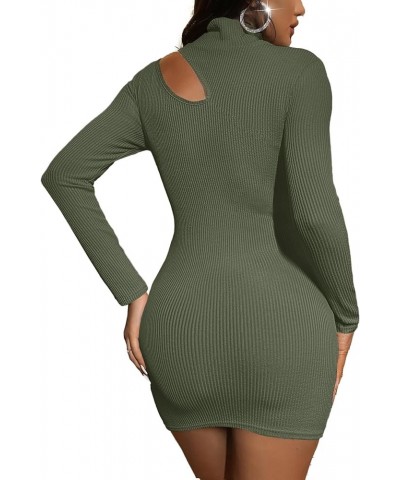 Women's Sexy Cut Out Mock Neck Ribbed Knit Long Sleeve Bodycon Mini Short Dress Dark Green $20.21 Dresses