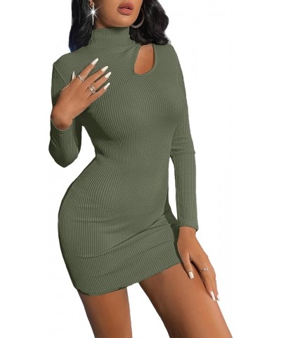 Women's Sexy Cut Out Mock Neck Ribbed Knit Long Sleeve Bodycon Mini Short Dress Dark Green $20.21 Dresses