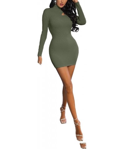 Women's Sexy Cut Out Mock Neck Ribbed Knit Long Sleeve Bodycon Mini Short Dress Dark Green $20.21 Dresses