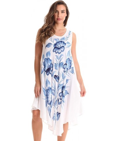 Tie Dye Summer Dress with Floral Hand Painted Design White - Blue Flower $12.50 Dresses