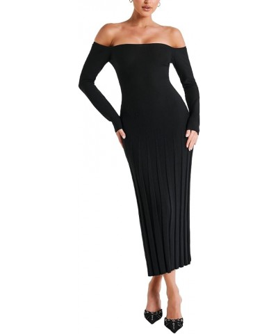 Women Casual Knitted Maxi Dress Solid Color Long Sleeve Round Neck Ribbed Long Dress Elegant Party Knit Dress Zk-black Off Sh...