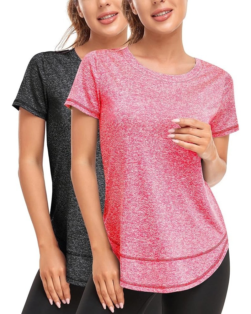 Women's Short Sleeve Workout Shirts Crewneck Sports Yoga Running Dry Fit Tops Side Split Tee Black/ Blitz Red $17.10 Activewear