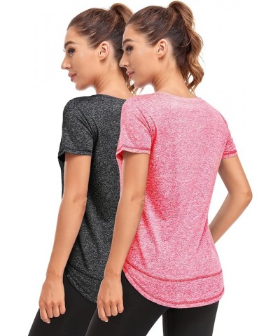 Women's Short Sleeve Workout Shirts Crewneck Sports Yoga Running Dry Fit Tops Side Split Tee Black/ Blitz Red $17.10 Activewear