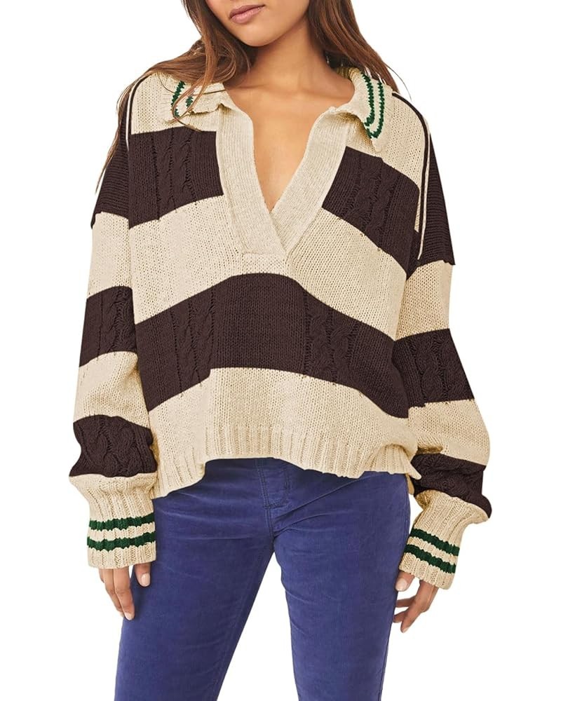 Women's 2023 Fall Casual Oversized Pullover Sweaters Lapel Collar V Neck Long Sleeve Cable Knit Striped Jumper Top Cocoa Brow...