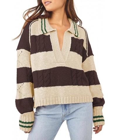 Women's 2023 Fall Casual Oversized Pullover Sweaters Lapel Collar V Neck Long Sleeve Cable Knit Striped Jumper Top Cocoa Brow...