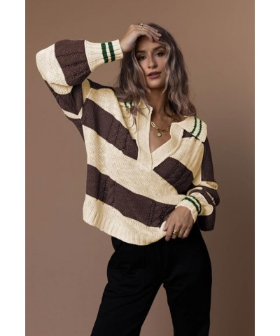 Women's 2023 Fall Casual Oversized Pullover Sweaters Lapel Collar V Neck Long Sleeve Cable Knit Striped Jumper Top Cocoa Brow...