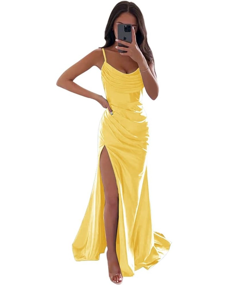 Women's Satin Prom Dress Long with Slit Ruched Mermaid Evening Gowns Formal Dress Yellow $38.42 Dresses