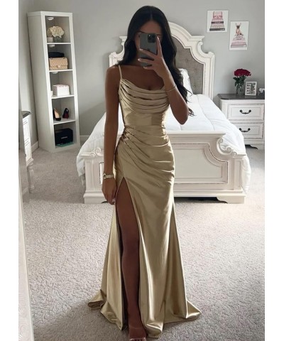 Women's Satin Prom Dress Long with Slit Ruched Mermaid Evening Gowns Formal Dress Yellow $38.42 Dresses