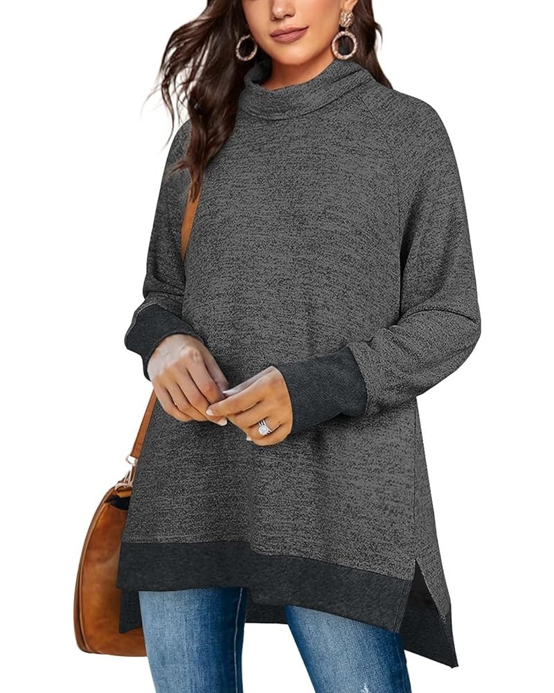 Women's Turtle Neck Sweatshirts High Low Hem Side Slit Ac Dark Grey $15.58 Hoodies & Sweatshirts