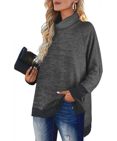 Women's Turtle Neck Sweatshirts High Low Hem Side Slit Ac Dark Grey $15.58 Hoodies & Sweatshirts